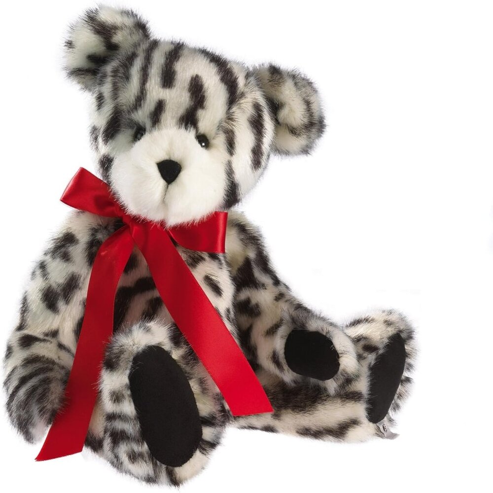 Leopard Print Plush Teddy Bear With Red Satin Bow 12 Inches Soft Cuddly Toy For